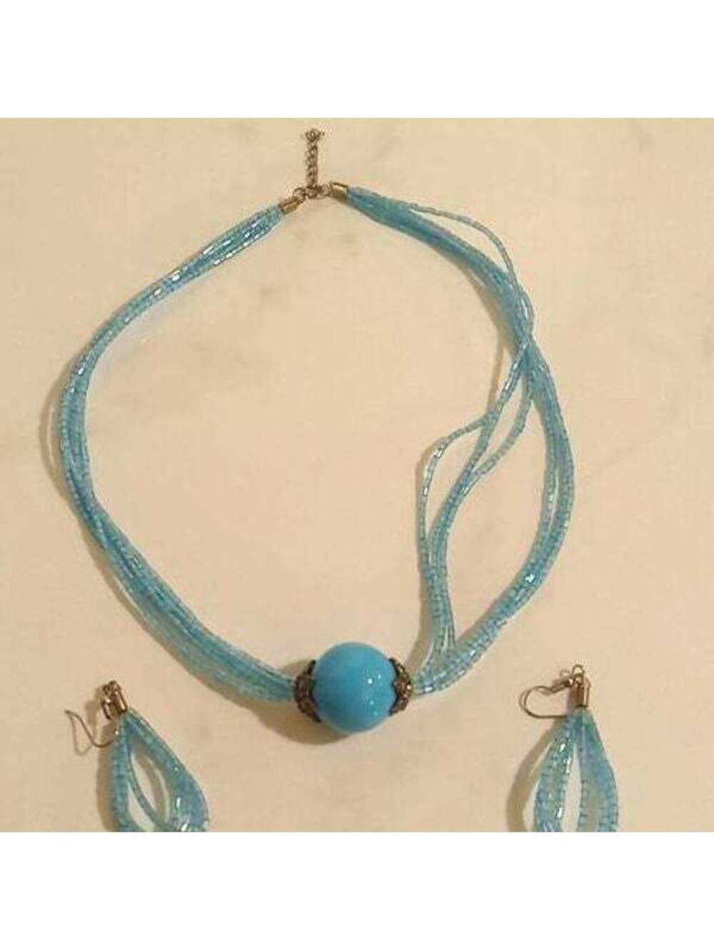 Handcrafted Sky Blue Glass Bead Necklace and Earring Set